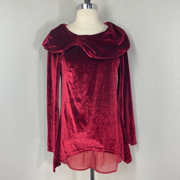 Ruby Red Velvet Tunic Blouse Small Long Sleeves Bertha Cowl Collar Goth Boho - Picture 1 of 11